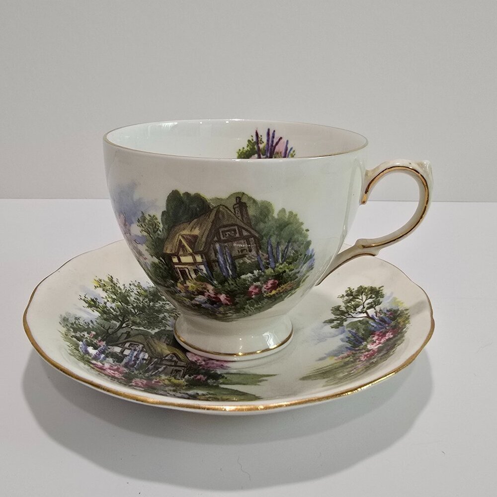 Royal Vale - Cottage Scene Bone China Vintage Tea Cup & Saucer, Pattern #7382​​
